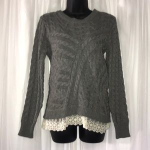 grey sweater with lace trim